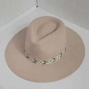 Lucky Brand Taupe Wide-Brim Felt Fedora with Patterned Band